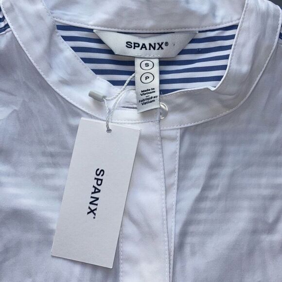 Spanx Poplin Tuxedo Shirt Postal Blue Narrow White Stripe Size Small new - Picture 7 of 13